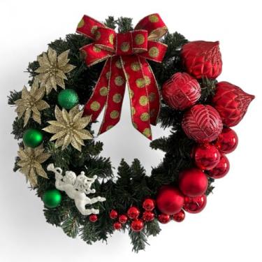 Imagem de Guirlanda Natalina Decorativa, 45 cm, Verde com Enfeites Vermelhos e Dourados, Cordão de Luz Fio de Fada Led Bolas, Laços