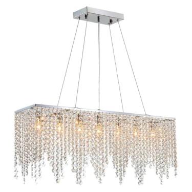 Imagem de Lustre retangular moderno com borla de cristal Raindrop com acabamento cromado, luminária ajustável para montagem no teto, lustres de led