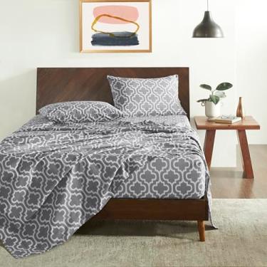 Imagem de Jogo de cama de treliça de algodão escovado de flanela, macio, quente, lençóis geométricos modernos, decoração de quarto, 1 lençol de cima, 1 lençol elástico com bolso profundo, 2 fronhas, Queen