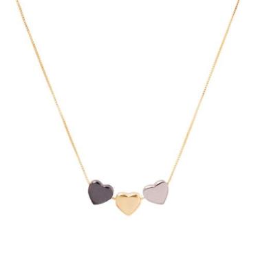 Imagem de Colar Veneziana Trio de Coração folheado A Ouro 18 k - Milena Joias
