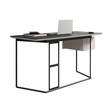 Imagem de AKALNNB Mesa de PC minimalista de ardósia moderna estação de trabalho de PC de estudo 58,9 cm mesa de estudo de luxo com gavetas duplas mesa de escritório com moldura de metal estável