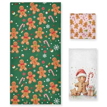 Imagem de Pacote com 3 toalhas de mão masculinas de gengibre de Natal para banheiro decorativo inverno floco de neve bengala doce poinsétia verde rosa Natal algodão macio conjunto de toalhas de banho para rosto