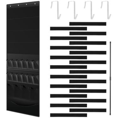 Imagem de Organizador de porta para brinquedos, 167 x 50 cm, com bolsos e compartimentos, equipado com 4 ganchos de metal e 20 adesivos mágicos para lançadores de espuma infantis, dardos, óculos, cabide de
