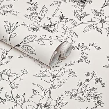 Imagem de Papel de parede floral preto e creme, papel de parede boho 43 cm × 993 cm vintage borboleta flor removível papel de parede autoadesivo para quarto papel de contato floral para armários decoração mural