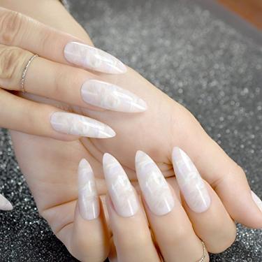 Imagem de Unhas extra longas - Concha de mármore jade rosa claro estileto unha falsa extra longa afiada branca rosa textura de pedra unhas falsas pontas de unhas de acrílico