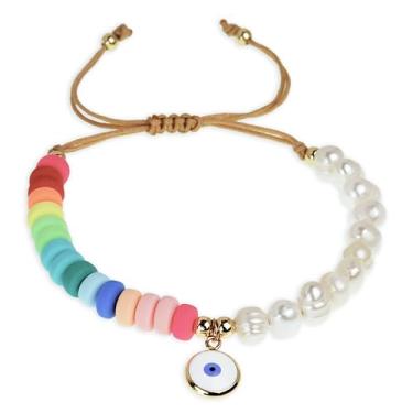 Imagem de BXDA Pulseira feminina de pérolas de água doce com contas de argila Heishi, fofa, feita à mão, ajustável, colorida, fio da amizade, joia de verão, praia, presente, 6"-11", Aço inoxidável, Sem Pedra