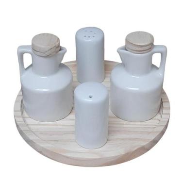 Imagem de Kit Galheteiro 5 Peças - Azeite, Vinagre, Sal e Paliteiro em Porcelana