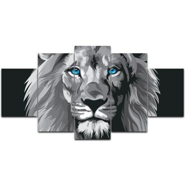 Imagem de Kit 5 Placa Quadro Decorativo 3d Borda Infinita Leão Cinza