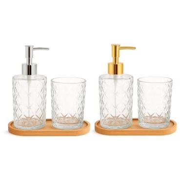 Imagem de kit Banheiro Lavabo bandeja saboneteira escova decoração bambu dispenser algodão enfeite (PRATA)