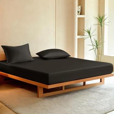 Imagem de THXSILK Jogo de lençol casal de seda, 3 peças, macio, respirável, com 1 lençol com elástico, 2 fronhas com fecho de zíper, refrescante para dormir quente, preto