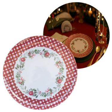 Imagem de Prato de Jantar Natalino Melamina Folhagens, Azevinhos e Romã Borda Xadrez Bordô Fosco 27,5cm