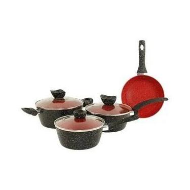 Imagem de Conjunto Panelas Antiaderente com Tampa de Vidro 04 peças Preto e Verm