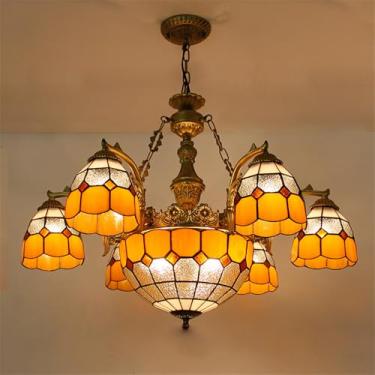 Imagem de Lustre de LED estilo mediterrâneo para sala de estar, restaurante, quarto, villa, hotel, café ou bar, luminária pendente de vidro colorido (E 6 lâmpadas)