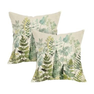 Imagem de Fjfz Capas de almofada decorativas com estampa de samambaia em aquarela 45,7 x 45,7 cm, conjunto de 2, folhas verdes, planta botânica, casa de fazenda, varanda, decoração de casa, decoração de casa