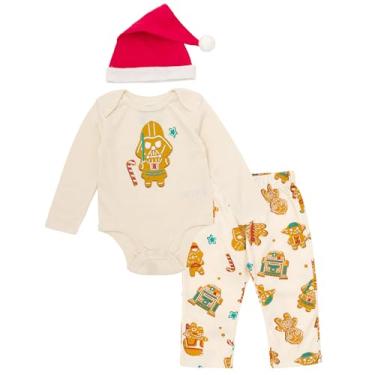 Imagem de STAR WARS Conjunto de 3 peças de macacão de bebê, calça e chapéu de Papai Noel de veludo para bebês (0 a 24 meses), Bege creme/vermelho, 3-6 Meses