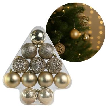 Imagem de Kit 12 Bolas de Natal Champanhe 6cm Luxo Texturas Mistas Fosca, Espelhada, Glitter Arabesco e Flor Decorada