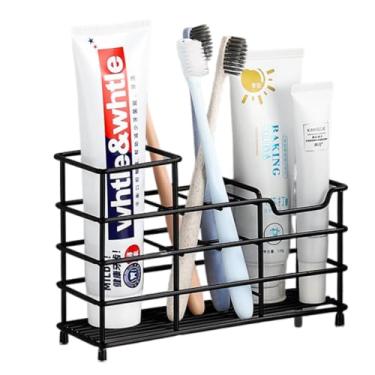 Imagem de Suporte de escova de dentes de aço inoxidável – Rack organizador de banheiro montado na parede com suporte de copo, armazenamento de bancada para escovas de dentes elétricas e acessórios (preto)