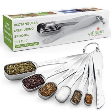 Imagem de Spring Chef Conjunto de 7 colheres de medição de aço inoxidável com nivelador, colher de chá retangular de metal e colheres de sopa para ingredientes secos e líquidos - Utensílios de cozinha para