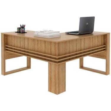 Imagem de Mesa De Canto Para Escritório Em L Angular Detalhe Ripado Amêndoa