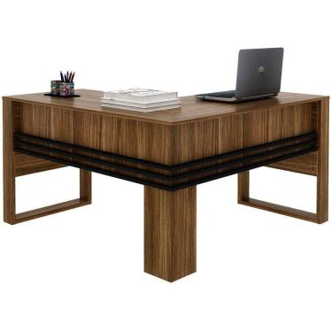Imagem de Mesa De Canto Para Escritório Em L Angular Detalhe Ripado Nogal/preto