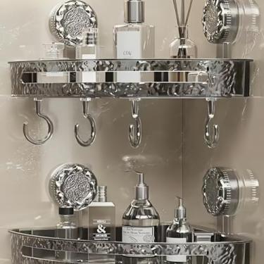 Imagem de Prateleira de canto com ventosa sem perfuração para banheiro e cozinha, rack de armazenamento montado na parede com ganchos, acabamento prateado