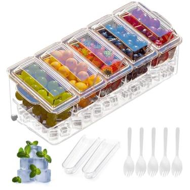 Imagem de Organizador grande para condimentos gelados, recipientes para condimentos refrigerados com tampas para 5 compartimentos removíveis, travessas de servir, bandeja de frutas e enfeite para suprimentos de