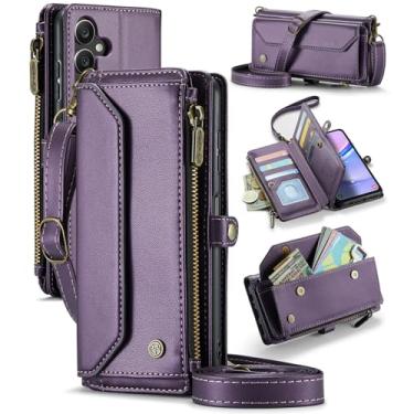 Imagem de GooodiDEAR Capa carteira para Samsung Galaxy A15 com proteção RFID, compartimentos para cartões, suporte, alça destacável – Capa transversal de couro PU à prova de choque para celular Galaxy A15, roxa