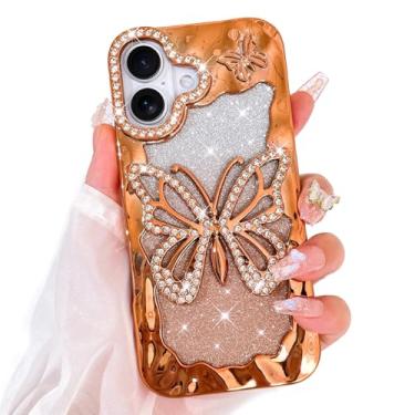 Imagem de Bonoma Capa com glitter para iPhone 17 linda 3D diamante borboleta gradiente chapeamento padrão capa, proteção de câmera de strass de luxo, capa traseira macia brilhante fina para mulheres meninas