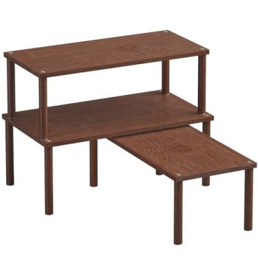 Imagem de Danfoxer Prateleira organizadora de armário (conjunto de 3), prateleiras de bancada de cozinha de bambu para bancada e armário, prateleiras empilháveis para especiarias, grande (marrom)