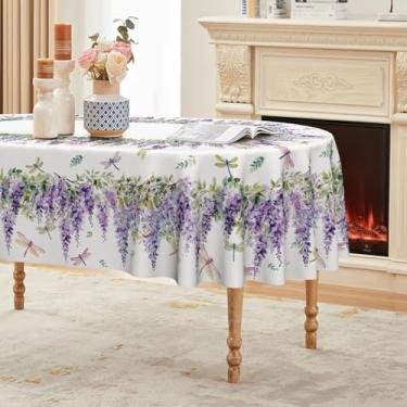 Imagem de Horaldaily Toalha de mesa de primavera 152 × 213 cm, oval, lavanda roxa, folhas de libélula, lavável, capa de mesa sazonal para decoração de festa, piquenique, jantar