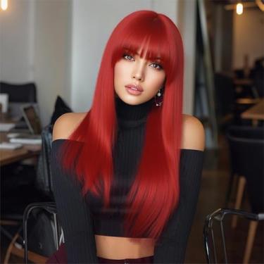 Imagem de Perucas vermelhas laranja para mulheres com franja 55 cm Carroty peruca de cabelo sintético liso resistente ao calor para cosplay festa à fantasia de Halloween