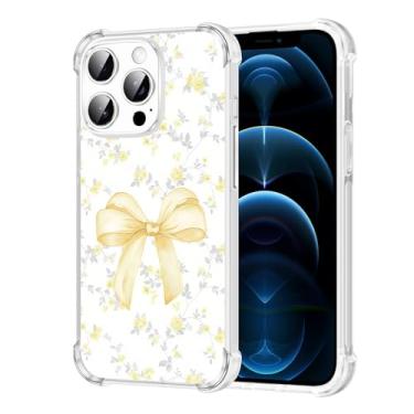 Imagem de Vulfwela Capa para iPhone 12 Pro Max de 16,7 cm com laço amarelo, linda estampa de flores românticas, capa de telefone transparente para mulheres e meninas, antiamarelamento, antiqueda, à prova de
