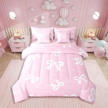 Imagem de Erosebridal Jogo de cama kawaii Queen com laço de 7 peças, com laço de princesa em uma bolsa, conjunto de cama com laço de estrelas de desenho animado inclui edredom, conjunto de lençol, fronhas e