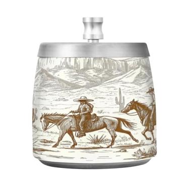 Imagem de JUZIHAI Cinzeiro West Cow Boy com tampa, cinzeiro de aço inoxidável inodoro à prova de vento cinzeiro sem fumaça para escritório em casa, pátio, varanda, cigarro