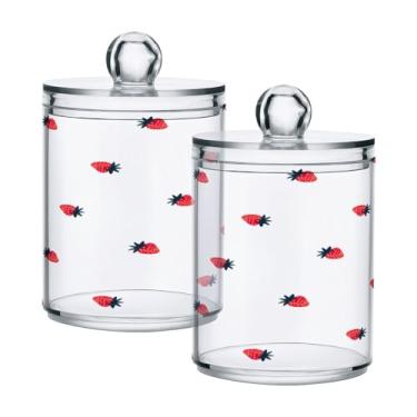 Imagem de Qilmy Lindo suporte Qtip de morango, pacote com 2, frascos de boticário de 400 ml, vasilha organizadora de banheiro para cotonetes, bolas de algodão, almofadas de maquiagem, fio dental, sais de banho