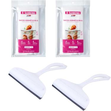 Imagem de Conjunto de 2 Rodo Plástico Multiuso Branco com Raspador 18cm + 2 Saco Abre e Fecha Hermético de 3 Litros