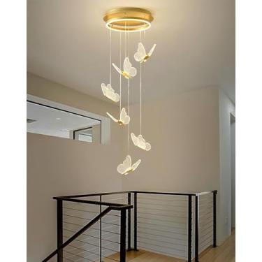 Imagem de Lustre LED em formato de borboleta, luminária pendente decorativa para escada, altura ajustável, para uso interno em residências, com luz dourada, dimerizável, ideal para sala de estar, rest