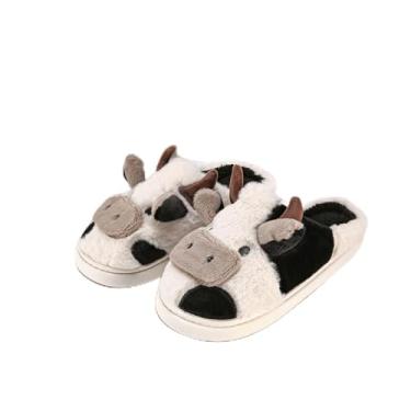 Imagem de Pantufas de vaca para mulheres e homens, fofas, fofas, aconchegantes, com desenho de vaca felpuda, para casa, para uso interno e externo, Preto, 6.5-7.5 Women/5-6 Men
