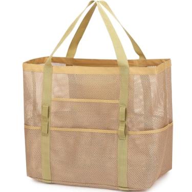 Imagem de Fammart Bolsa de praia de malha, bolsa de praia grande com bolso com zíper para a família, bolsa de piscina para brinquedos e itens essenciais de férias, Grande - cáqui, Large
