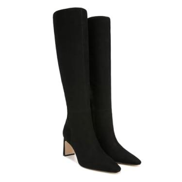Imagem de Botas de cano alto femininas bico quadrado salto bloco grosso zíper lateral botas altas vestido de panturrilha larga botas longas, Camurça preta, 40