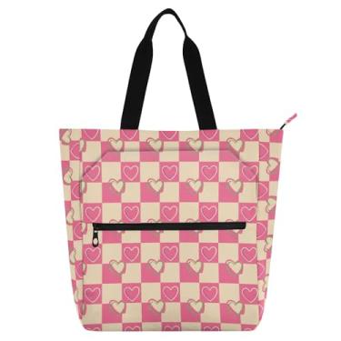 Imagem de Bolsa de mão rosa creme xadrez para crianças com zíper, Oxford impermeável, bolsa de livro, bolsa de ombro reutilizável