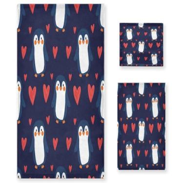 Imagem de Wassud Penguins Hearts Conjunto de 3 toalhas de banho para dia dos namorados, toalhas super macias e absorventes para banheiro, toalhas de banho de secagem rápida, toalha de banho para academia, spa