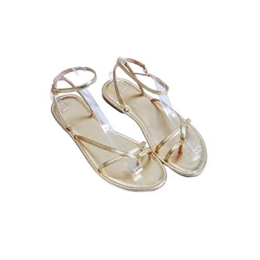 Imagem de GORGLITTER Sandália feminina de dedo do pé com tira metálica aberta no tornozelo, tira no tornozelo, sandália social de verão, Dourado, 37