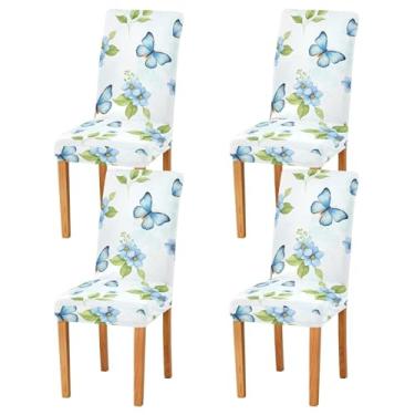 Imagem de ODAWA Conjunto de 2 capas de cadeira de jantar, capas elásticas removíveis laváveis com borboletas azuis e flores para cadeiras de sala de jantar