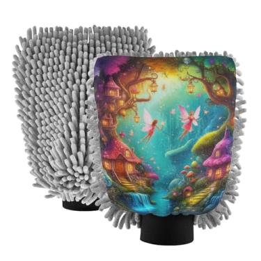 Imagem de ODAWA Luva de limpeza de carro chenille, luva de lavagem de carro de canhão de espuma de fada floresta, 20,5 cm x 30 cm (pacote com 2)