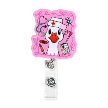Imagem de Carretel de crachá de enfermeira, carretel de crachá engraçado, presentes de enfermeira, presentes para enfermeiras, presente retrátil fofo para enfermeiras de ganso rosa para estudantes de enfermagem