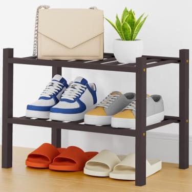 Imagem de Smiry Sapateira, organizador de sapatos de bambu pequeno de espessura de 2 camadas, prateleira empilhável de madeira para armário, entrada, entrada da porta da frente, preto