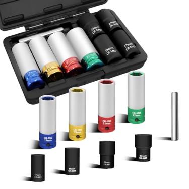 Imagem de JEUCLEL 9 peças soquete Dr. Twist de 1/5.1 cm e soquete de impacto protetor de roda, 17, 19, 21, ferramentas extratoras de remoção de porca de 22 mm, chave de impacto de 6 pontos não marcante, CR-MO