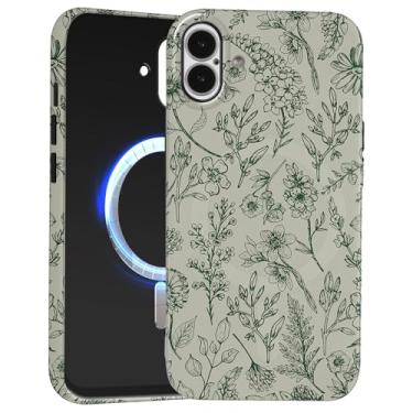 Imagem de FBHGLOA Capa de telefone para iPhone 16 de 6,1 polegadas, linda flor moderna, compatível com MagSafe, capa magnética floral verde verde com capa de telefone interior de silicone para mulheres e