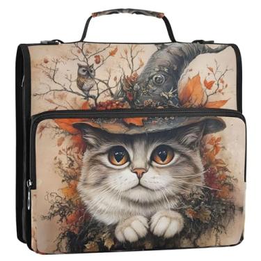 Imagem de Fichários de 3 anéis de 3,8 cm, chapéu de bruxa, gato, místico, para outono, fichário com zíper, bolsa organizadora com alça para escola, básico, vários bolsos, pasta de portfólio grande